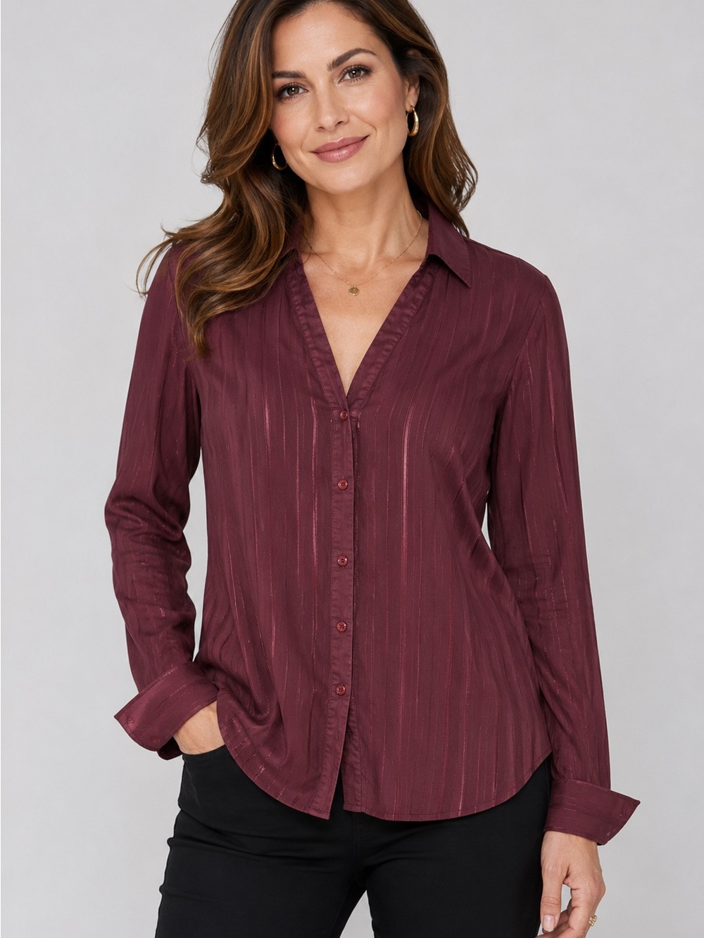 Encore Women’s Burgundy Sheer Stripe Button-Up Blouse – Size 16